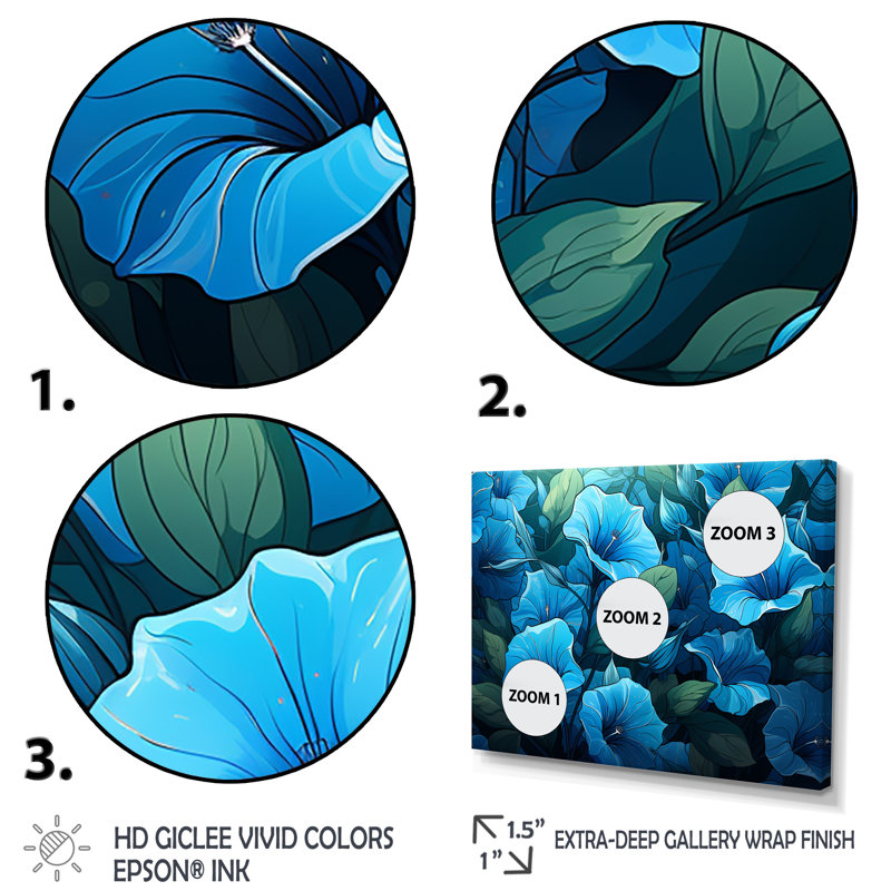 «Blue Morning Glory Blossom Burst - Morning Glory», art mural, H 28 po x l 36 po x P 1 po, Toile tendue