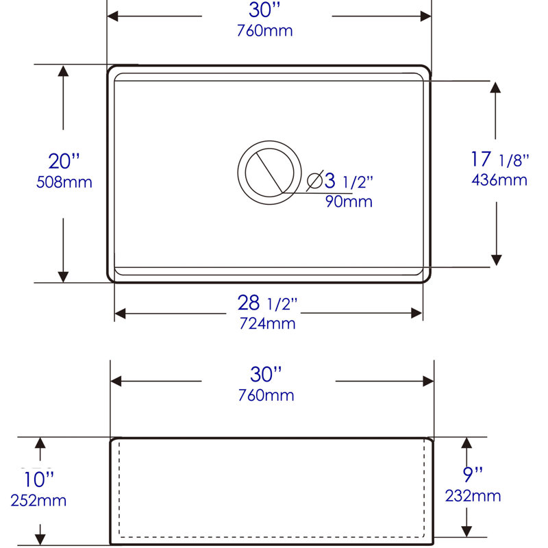 30'' L Single Bowl Fireclay Kitchen Sink, Gray