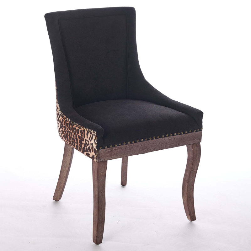 A&a furniture ultra side dining chairs | set of 2 | thickened fabric, solid wood legs | bronze nailhead, Black/Brown Leopard