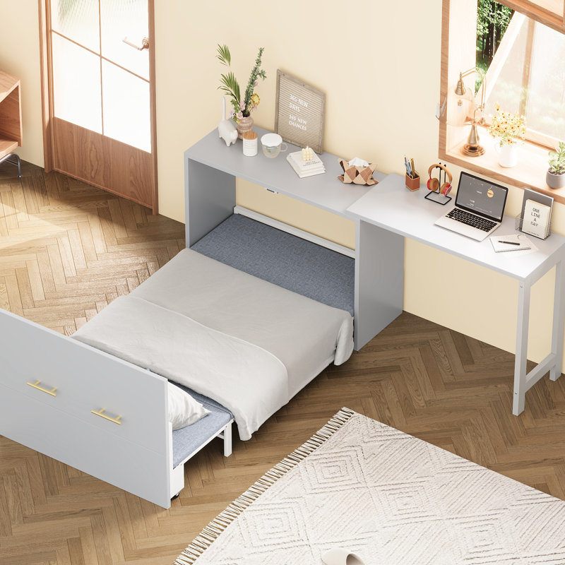 Lit simple gris avec bureau ajustable multi-directions et coussin pliable, convient aux espaces invités dans les petits appartements, facile à assembler et repositionnable, espaces de vie élégants, limite de poids de 500 lb