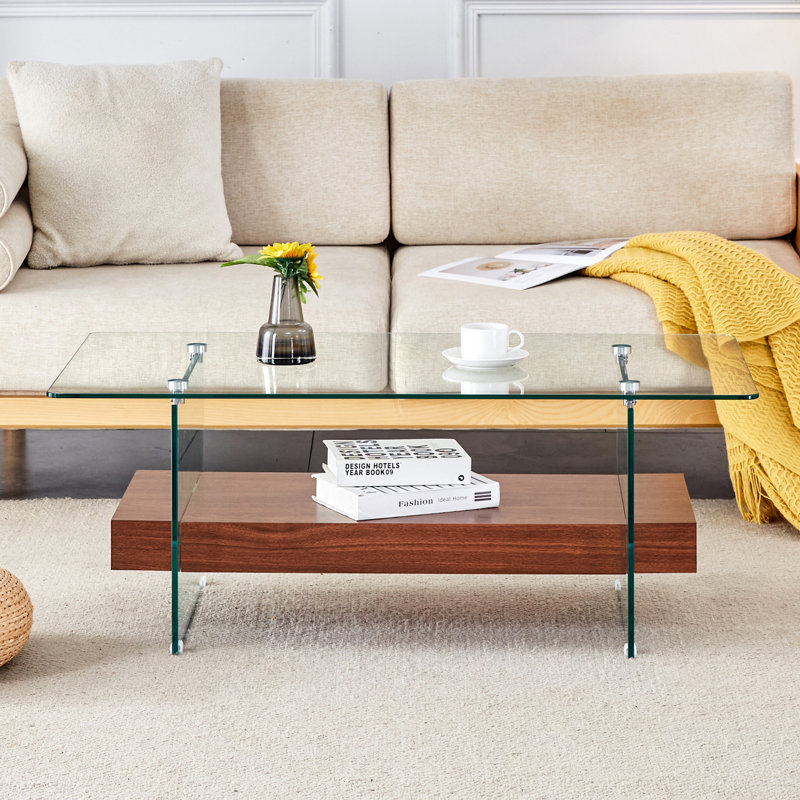 Table basse rectangulaire flottante double couche, pieds en verre brun, l 43,3 po x L 23,6 po x H 16,7 po, pieds en verre brun