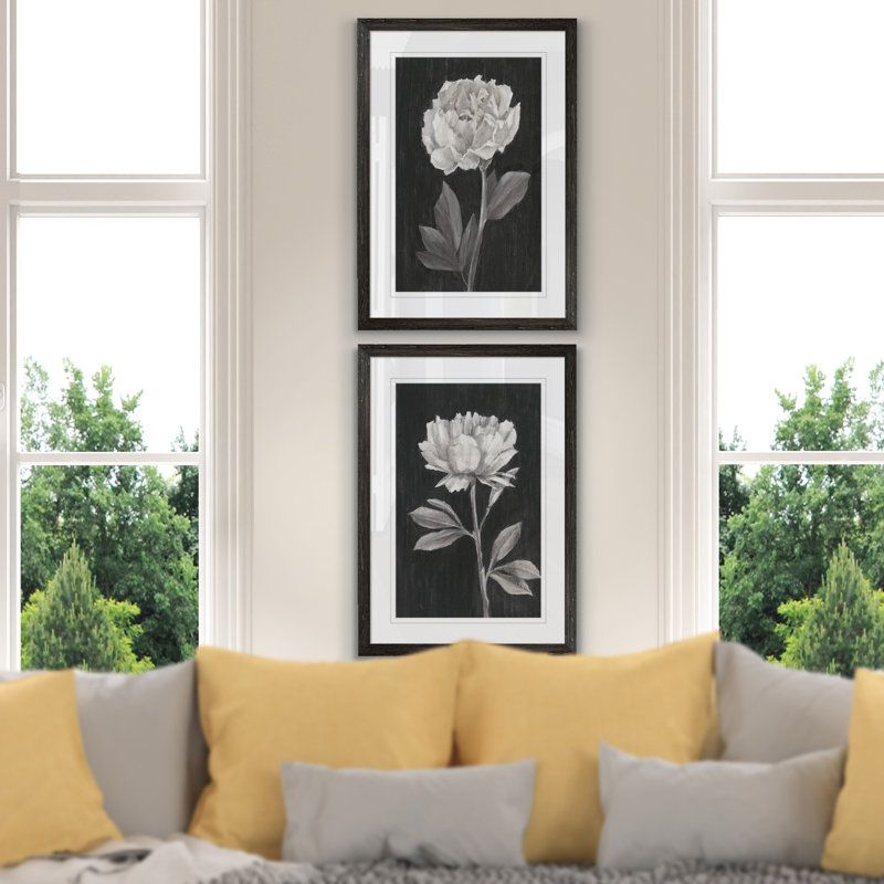 «Black and White Flowers III», ensemble de 2 reproductions d'art encadrées, H 20 po x l 32 po, Ébène