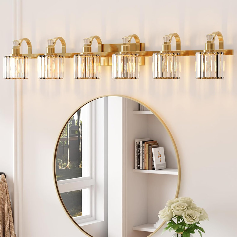 Luminaire de salle de bain moderne en cristal à DEL chromé au-dessus d'un miroir - luminaires muraux 3/4/5/6 lumières, Doré