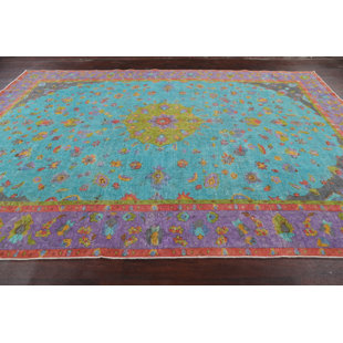 Tapis unique en laine noué à la main bleu / mauve des années 1960