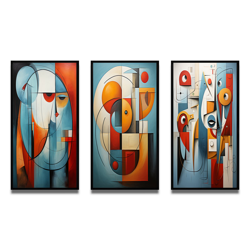 «Cubism Geometric Portrait», 3 pièces sur toile, Cadre noir, H 28 po x l 36 po