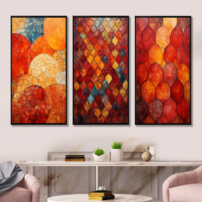 Carreaux marocains élégants orange et jaunes I - ensemble de 3 reproductions d'art sur toile mosaïque bohème