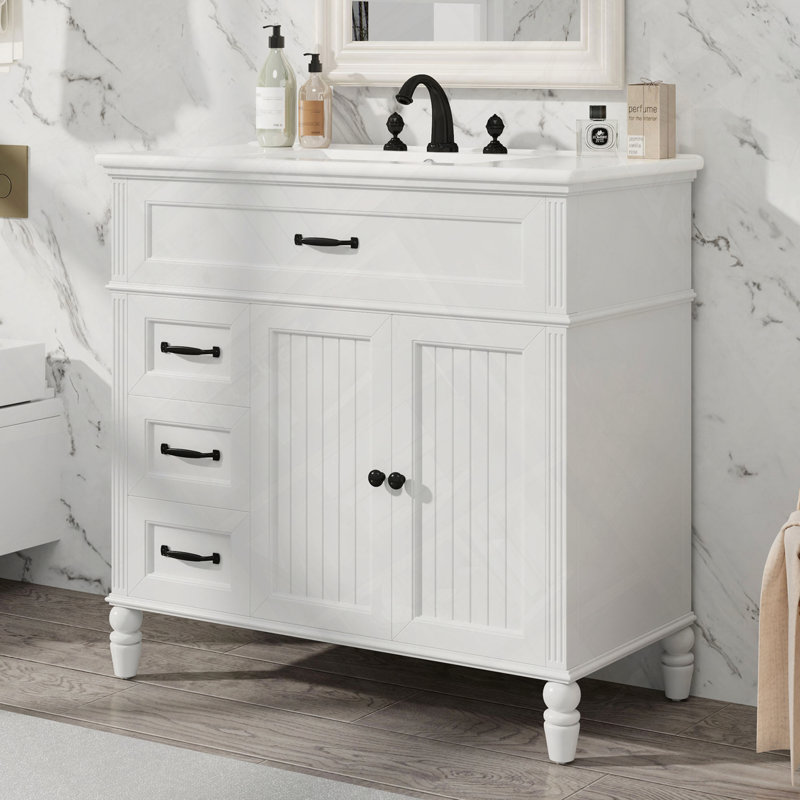 Bathroom Vanity with Sink Cabinet Drawers and Solid Frame MDF Board, White