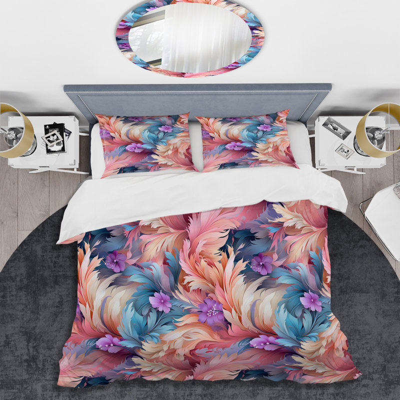 Ensemble de housse de couette à motif floral rose à plumes roses, Housse de couette pour grand lit et 2 taies décor