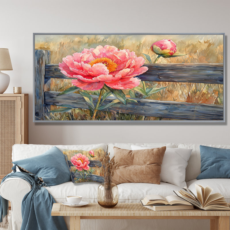 «Countryside Pivoines» par The Stable Gate I - Pivoines, art mural, H 28 po x l 60 po, Reproduction avec cadre flottant