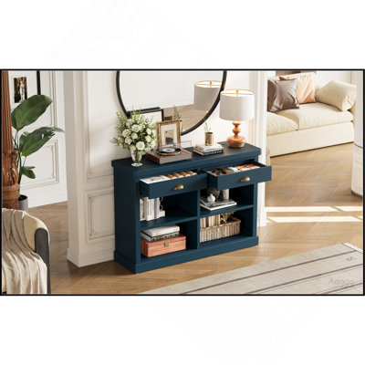 Console TREXM avec 2 tiroirs et étagères de rangement ouvertes, table d'entrée pour salon, couloir et salle à manger (bleu marine)