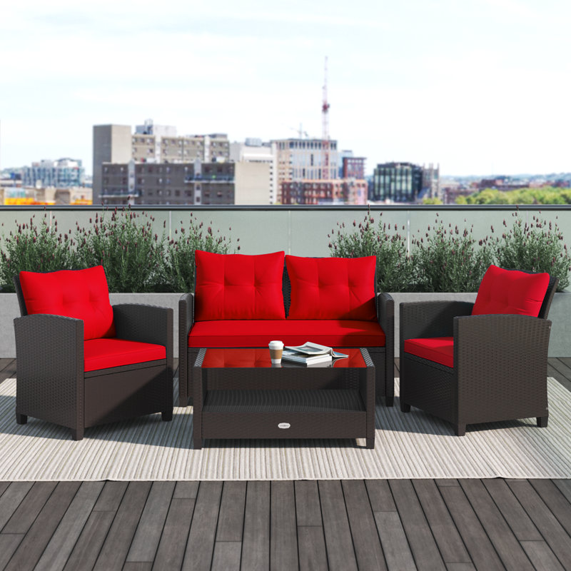 Alysheeya Wicker 4 - Person Patio Conversation Set with Cushions, Red