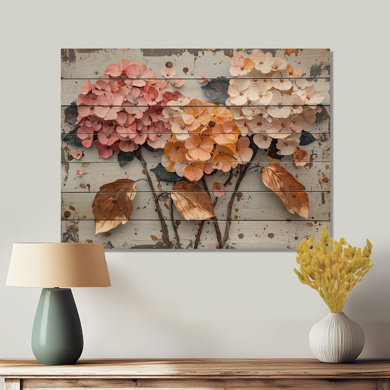 Jardin vibrant d'hortensias I - Art mural en bois d'hortensias - sur bois de pin naturel, H 24 po x l 32 po