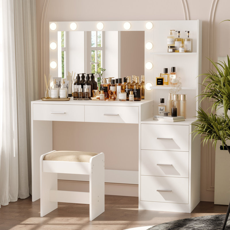 Freman Vanity Table Set, Makeup Vanity Desk with Lights and Mirror, Dressing Table, White