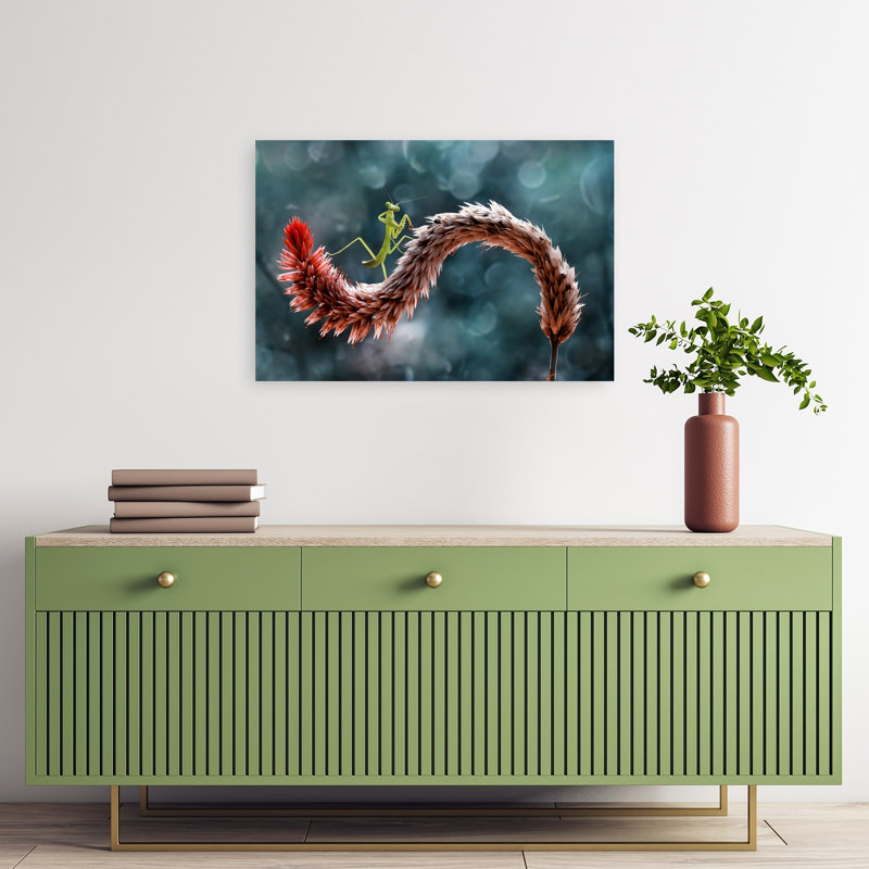 Mante religieuse sur plante courbée - Illustration murale contemporaine délicate et sereine représentant un animal et une fleur