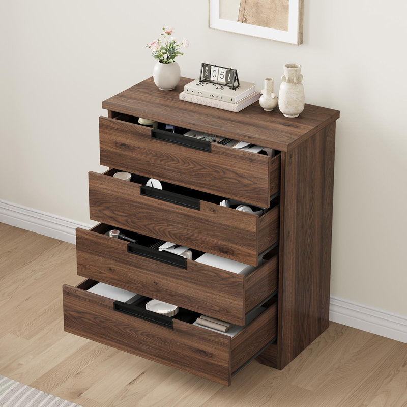 Commode 4 tiroirs en noyer pour chambre à coucher, commode moderne avec poignées intégrées, rangement en bois pour le salon, la chambre de bébé et le couloir