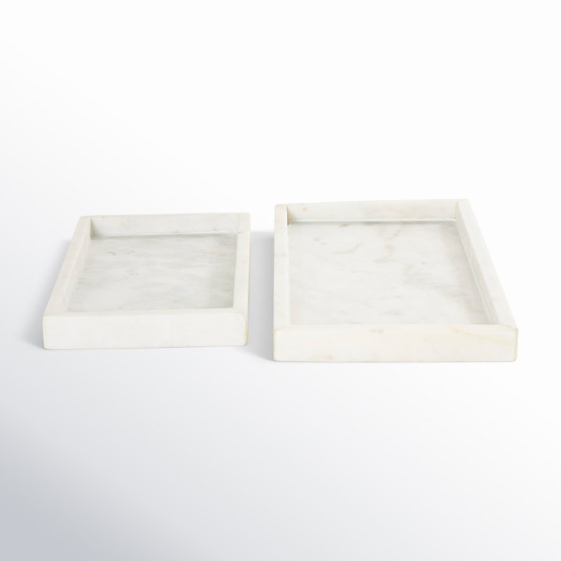 Marble Decor Tray with Raised Border Set, White, 1.2" H x 14.05" W x 7.15" D