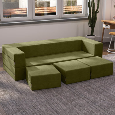 Shontae Zipline Convertible Sleeper Sofa, Three Ottomans, & Pillows / California King-Size Bed, Textured Microvelvet by Ebern Designs