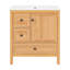 Meuble-lavabo de 30 po à grain de bois avec lavabo en céramique, pieds en bois massif, tablette réglable et porte et tiroir à fermeture en douceur, support de rangement, dossier ouvert