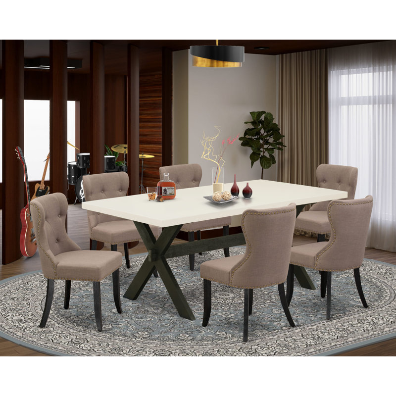 Ensemble de mobilier de salle à manger 7 pièces composé d'une table de salle à manger rectangulaire avec pieds en X et 6 chaises rembourrées en tissu de lin, finition noire brossée