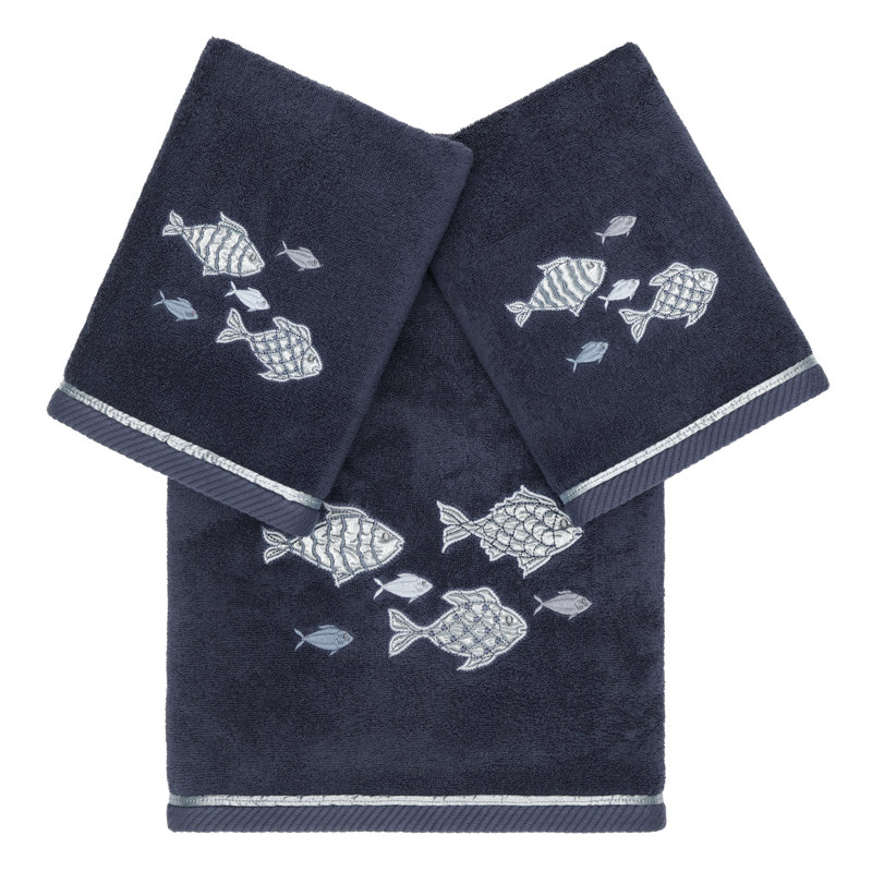 FIGI 3PC Embellished Towel Set 3 Piece Turkish Cotton Towel Set, Marine