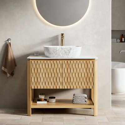 Freestanding Bathroom Vanity with Sink, Plywood Storage Cabinet with 3 Bamboo Texture Doors & Open Shelf, Carrara White Sintered Stone Top & Marble Pattern Ceramic Vessel Basin