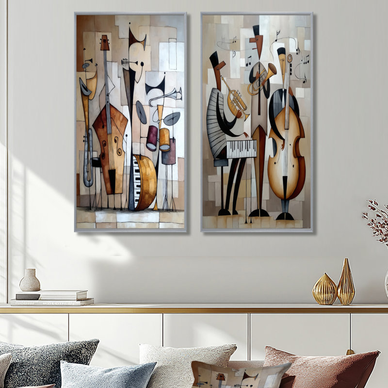 Groupe de jazz abstrait à New York - ensemble de 2 reproductions encadrées, H 32 po x l 32 po, Encadrement argenté