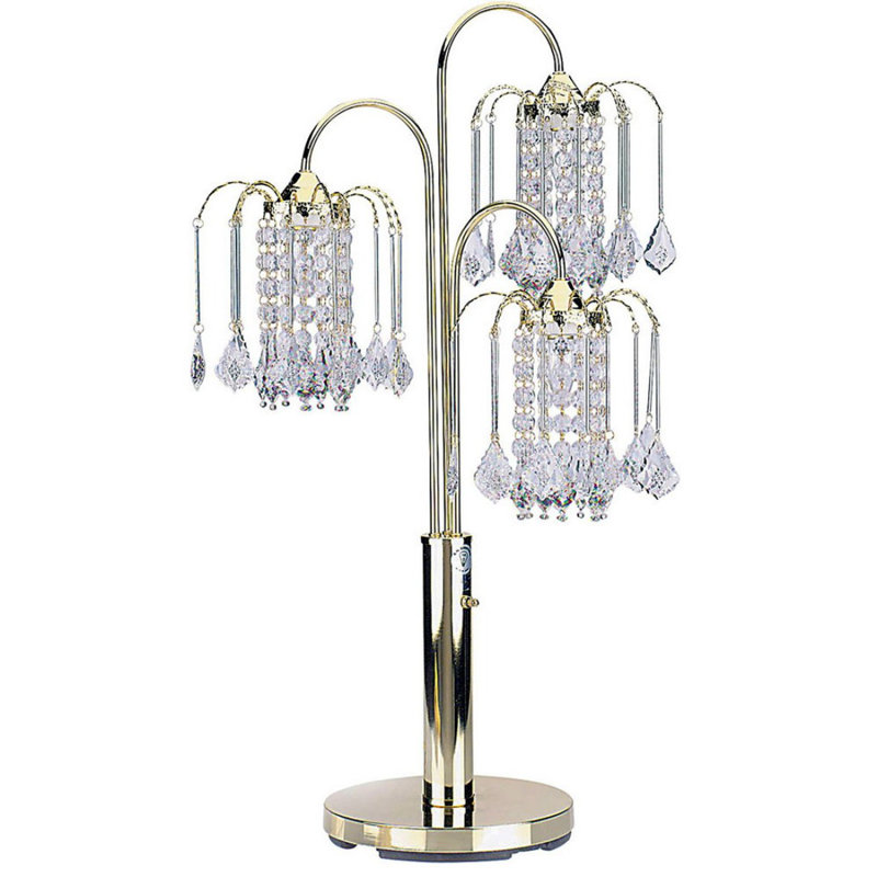 Lampe de table 34 po en métal avec finition laiton, 3 lustres en cristal