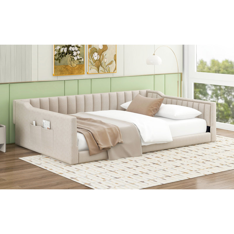 Beige Velvet Full Xl Daybed With Side Storage - Chic And Functional For Guest Rooms No Box Spring Needed, Effortless Assembly Upholstered In Modern Practical Bedroom, Room Spring, Easy To Assemble