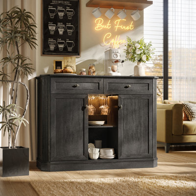47" Wine Bar Cabinet with LED Light & Power Outlets, 2 Doors & 2 Drawers, Storage Sideboard for Kitchen & Living Room, Black