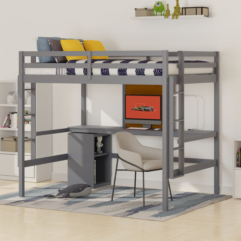 Lit mezzanine double avec bureau intégré Gleich, Gris
