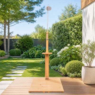 Douche d'extérieur polyvalente en bois - Conception résistante aux intempéries avec rangement intégré pour la détente au bord de la piscine