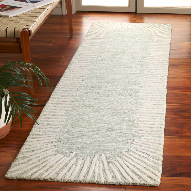Tapis abstrait performance en laine / coton touffeté Marjetka en sauge / ivoire, Tapis de couloir 2 pi 3 po x 8 pi