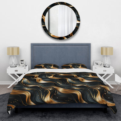 Midnight Charm Gold And Black Polyester Marble Duvet Cover Set