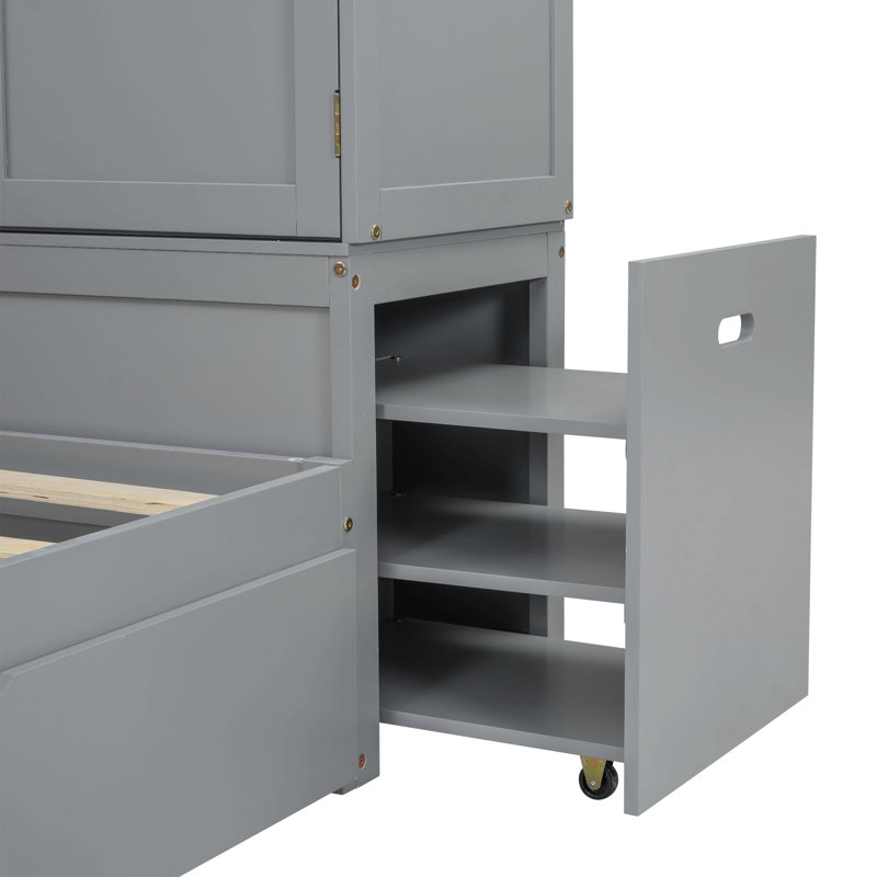 Twin Size Platform Bed With Storage Headboard And Footboard,  Pull Out Shelves And Twin Size Trundle, Grey