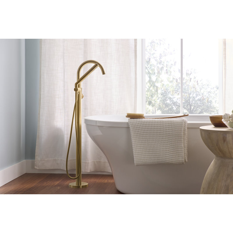 Contemporary 1-Handle Freestanding Floor Mount Tub Filler Trim Kit with 1.75 GPM Showerstick Handshower, Brushed Bronze