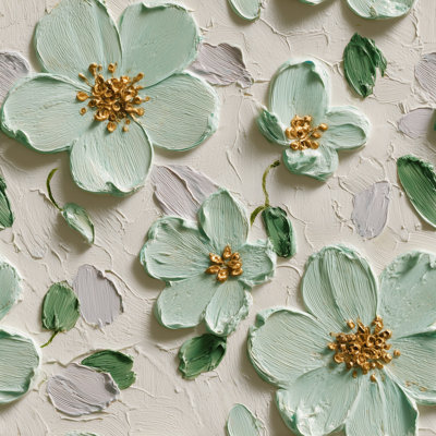 Floral Wallpaper Impasto Texture Removable Mint Green Petals Wall Double Roll