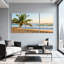 Palmiers, plage tropicale, océan, coucher de soleil, vagues de sable, ciel, ensemble de 3 impressions sur toile-1139764356