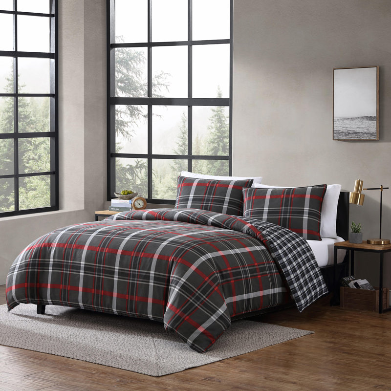 Willow Plaid Reversible Gray and Red Microfiber Queen Duvet Set