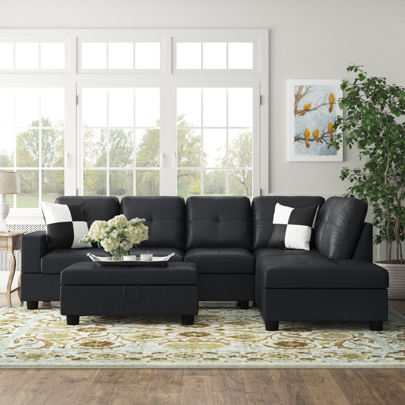 Canapé et chaise longue avec repose-pieds Beesley, Orienté à droite, Rouge, Noir