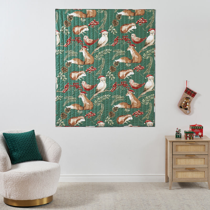 Green and Red Holiday Forest Animals Quilted Throw Blanket