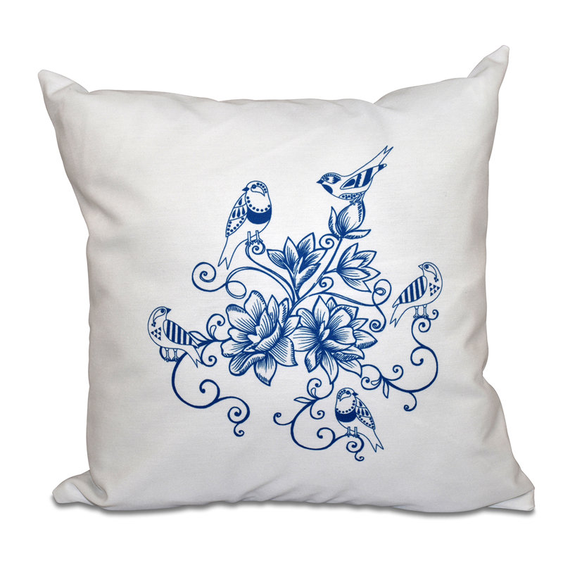 Botanical Blooms Five Little Birds Square Pillow Cover & Insert, 16" H x 16" W, Blue