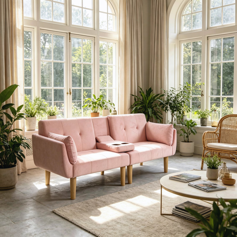 Canapé-lit deux places moderne en velours rose doux de 183 cm (72 pouces) pour appartement et chambre à coucher, Rose
