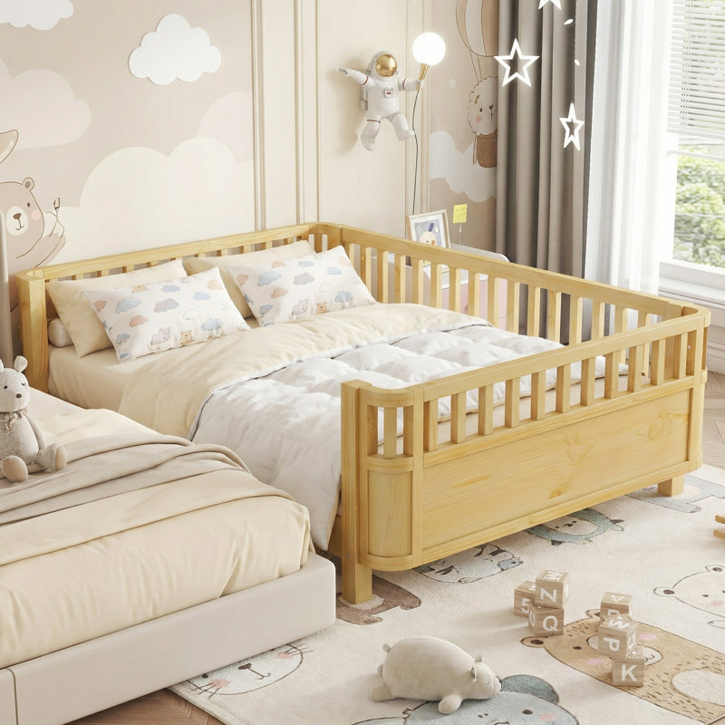 Lit plateforme pour enfant à profil bas avec rails de sécurité, structure de lit pour tout-petit amovible, support à lattes en bois, naturel, double