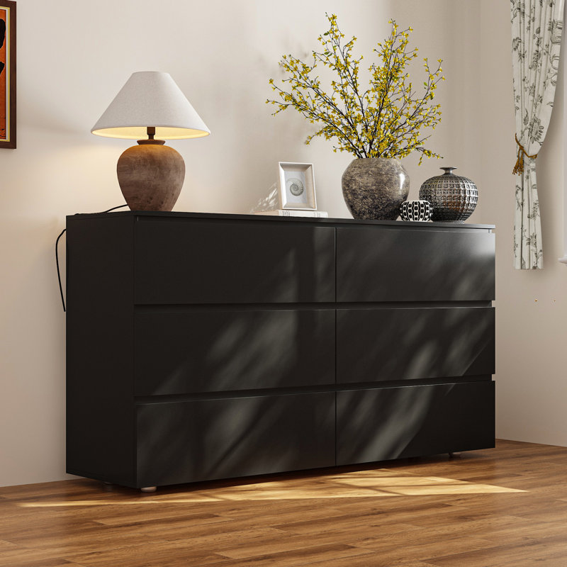 59"W 6 Drawer Dresser, Black