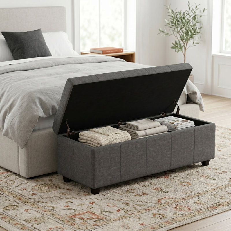 Castleford 48"W Upholstered Vegan Leather Contemporary Rectangular Storage Ottoman Bench with Tufted Top and Hidden Storage