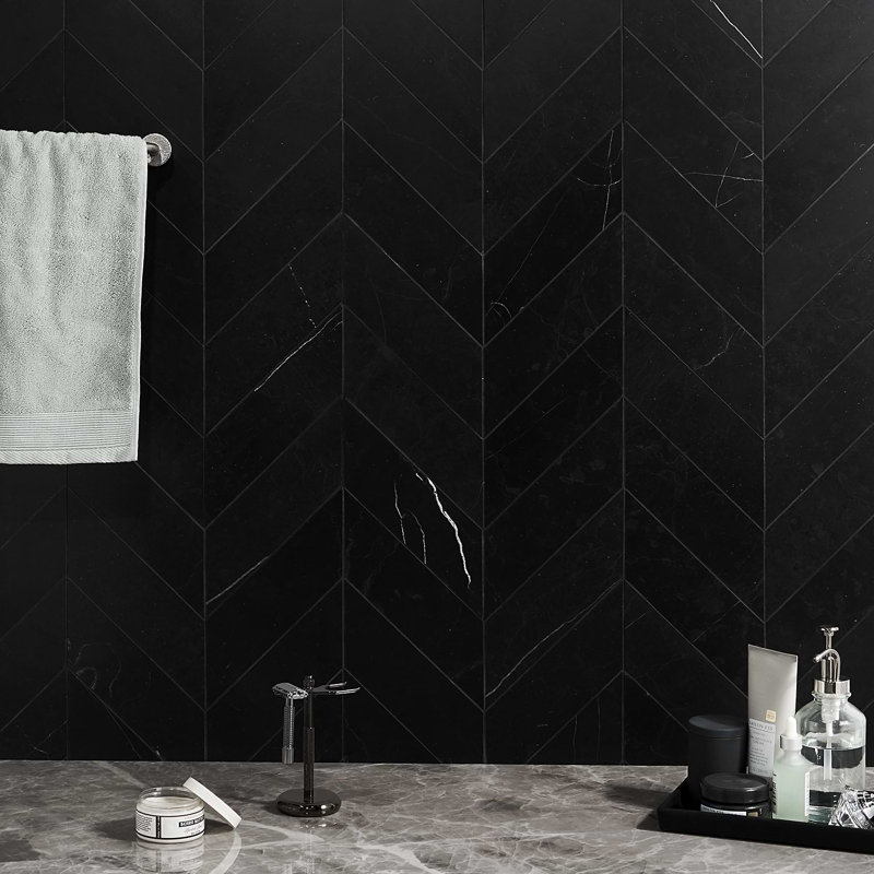 Nero Marquina 3x12 Chevron Honed Marble Tile