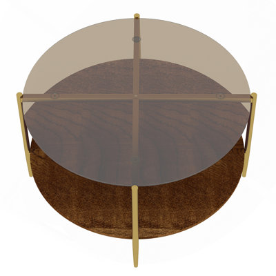 Modern Gold Round Double-Layer Coffee Table + Tempered Glass + Storage & Decoration + 32.28-Inch Diameter