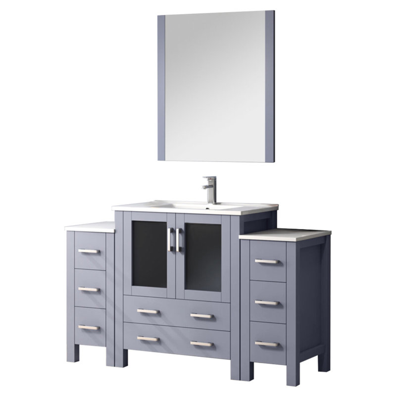 Gris foncé 54 po Meuble-lavabo simple largeur pour salle de bain avec armoires latérales rajeunissantes, lavabo en céramique blanche, robinet et miroir en forme de 28, surface en organisation, étoile rayée