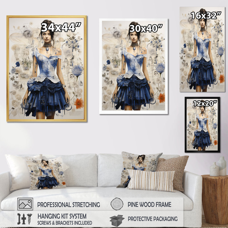 Dessin de robe haute couture sur toile, Cadre doré simple, H 20 po x l 12 po x P 1 po