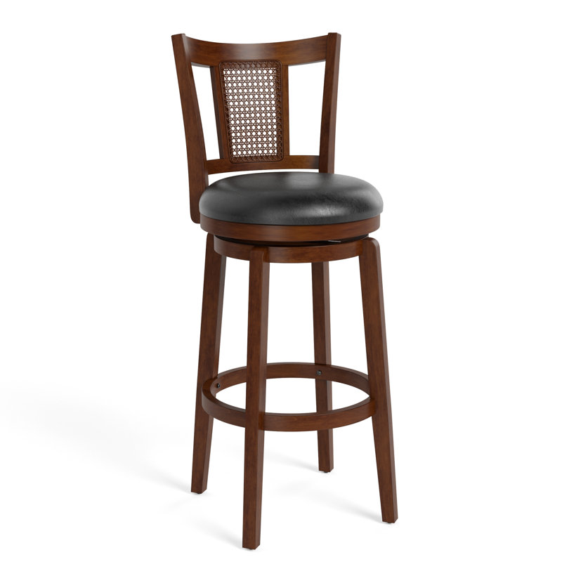 Avis 30" Traditional Bar Stool with Faux Leather Swivel Seat and Rattan Back Rubber Wood Frame, 1